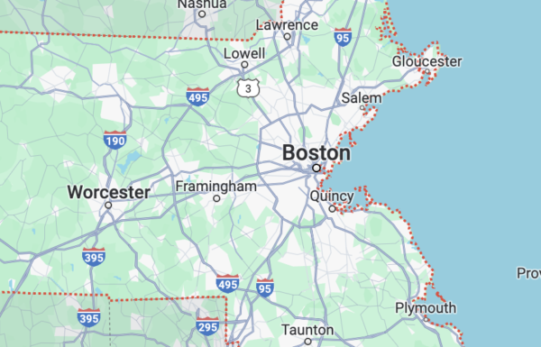 Map of Massachusetts showing our service area covering the eastern part of the state.